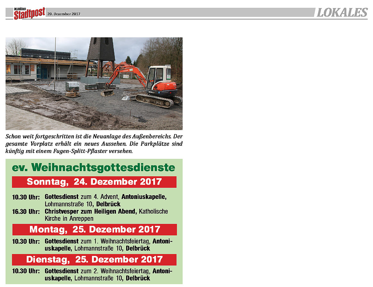 Zeitungsartikel Delbrücker Stadtpost vom 20.12.2017 Neuanlage Außenbereich