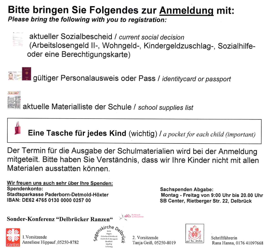 Infos zur Anmeldung Ausgabe Schulmaterialien